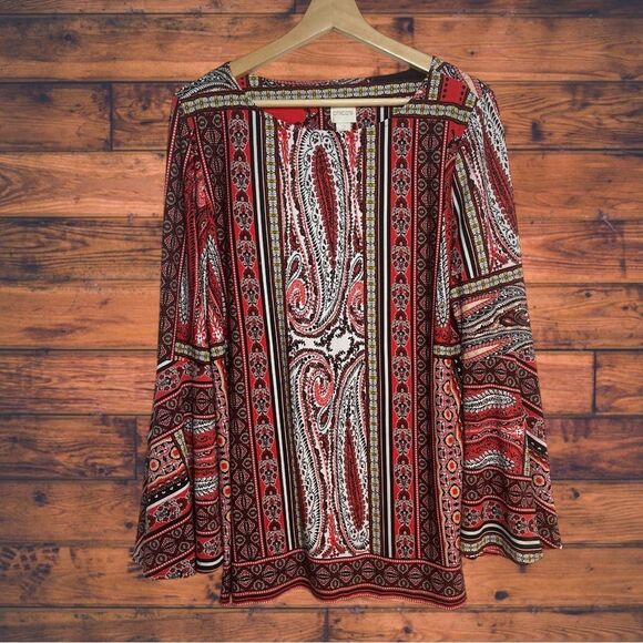 Chico's Red Paisley Bell Sleeve Blouse Size 2/ Large - Picture 1 of 6